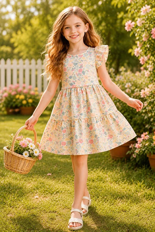 Детское платье для девочек с цветочным принтом Summer Dress Hn Sport, Cream Green Yellow
