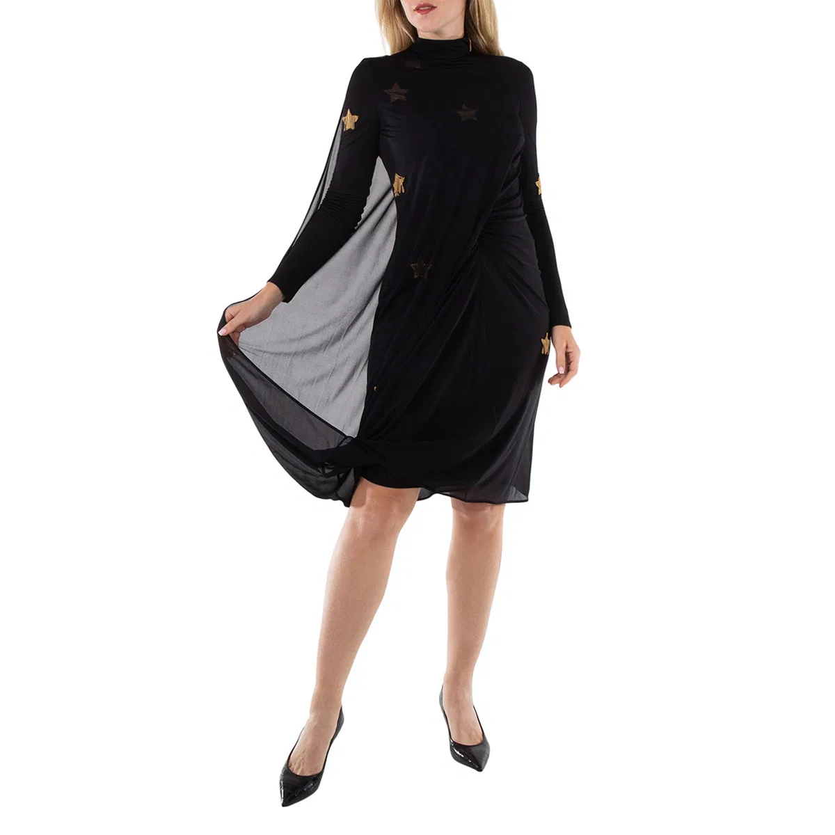 Платье с длинным рукавом Black Star Motif Gathered Silk Viscose Dress Burberry, Black