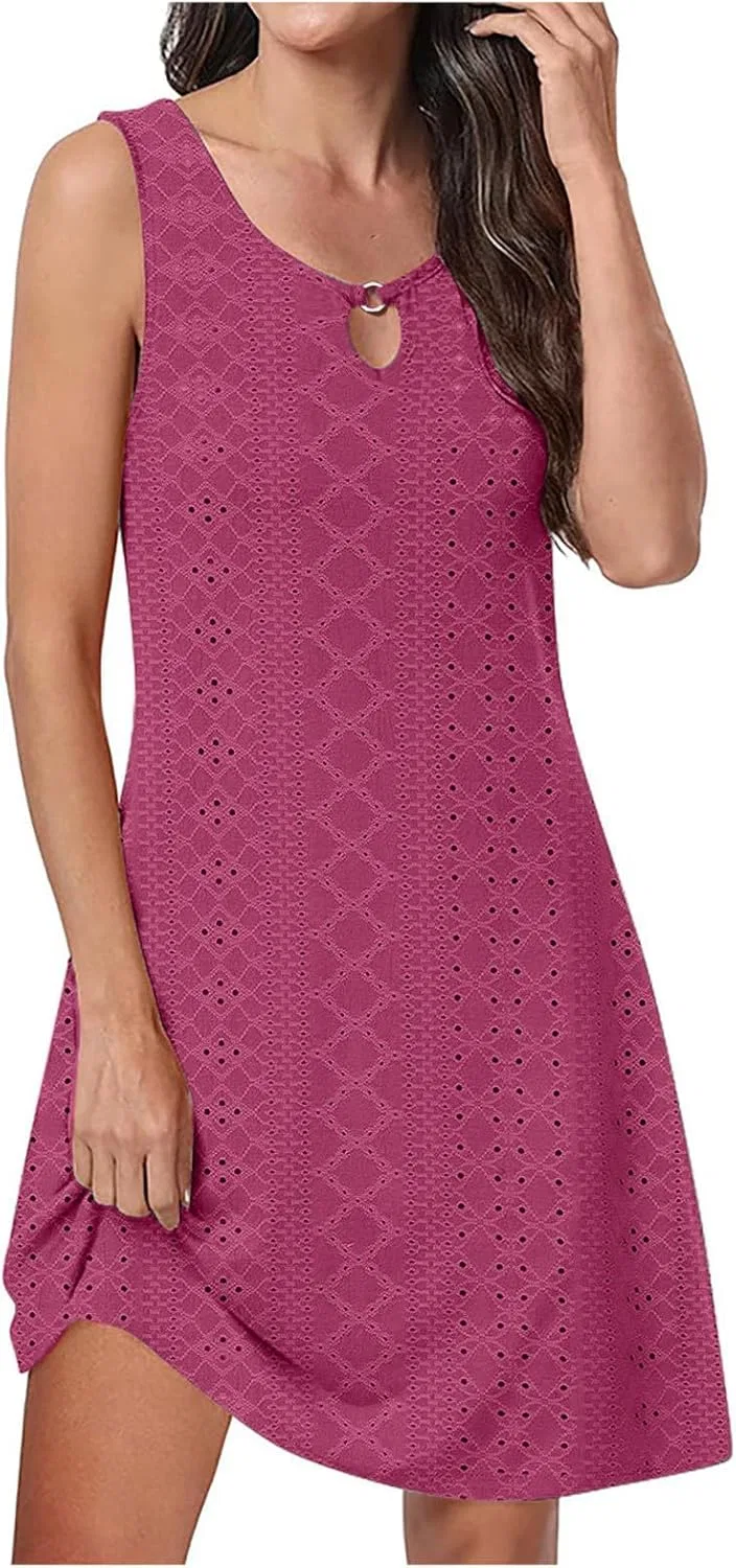 Женское летнее платье с вышивкой и прорезями Sleeveless Mini Dress, Hot Pink