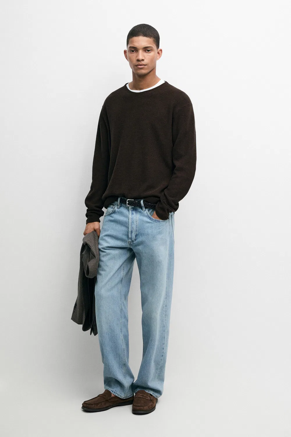 Свитер Massimo Dutti, с круглым вырезом, из хлопка, коричневый