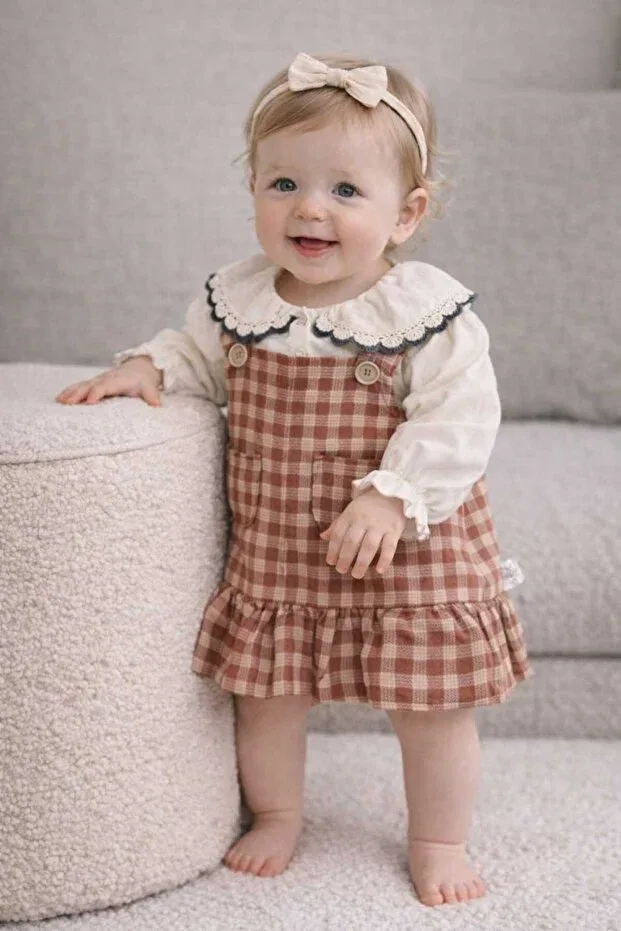 Детское платье-комбинезон для девочек хлопковое комплект Eid season lace piece collared linen shirt & checked strap ruffle salopet dress Krm Kerem Bebe, Brown