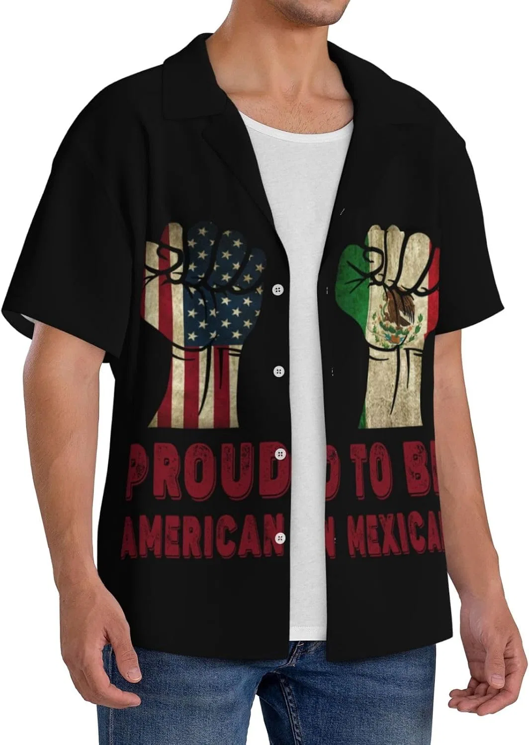 Мужская свободная рубашка с кубинским воротником Proud To Be Mexican, Black — фото 2