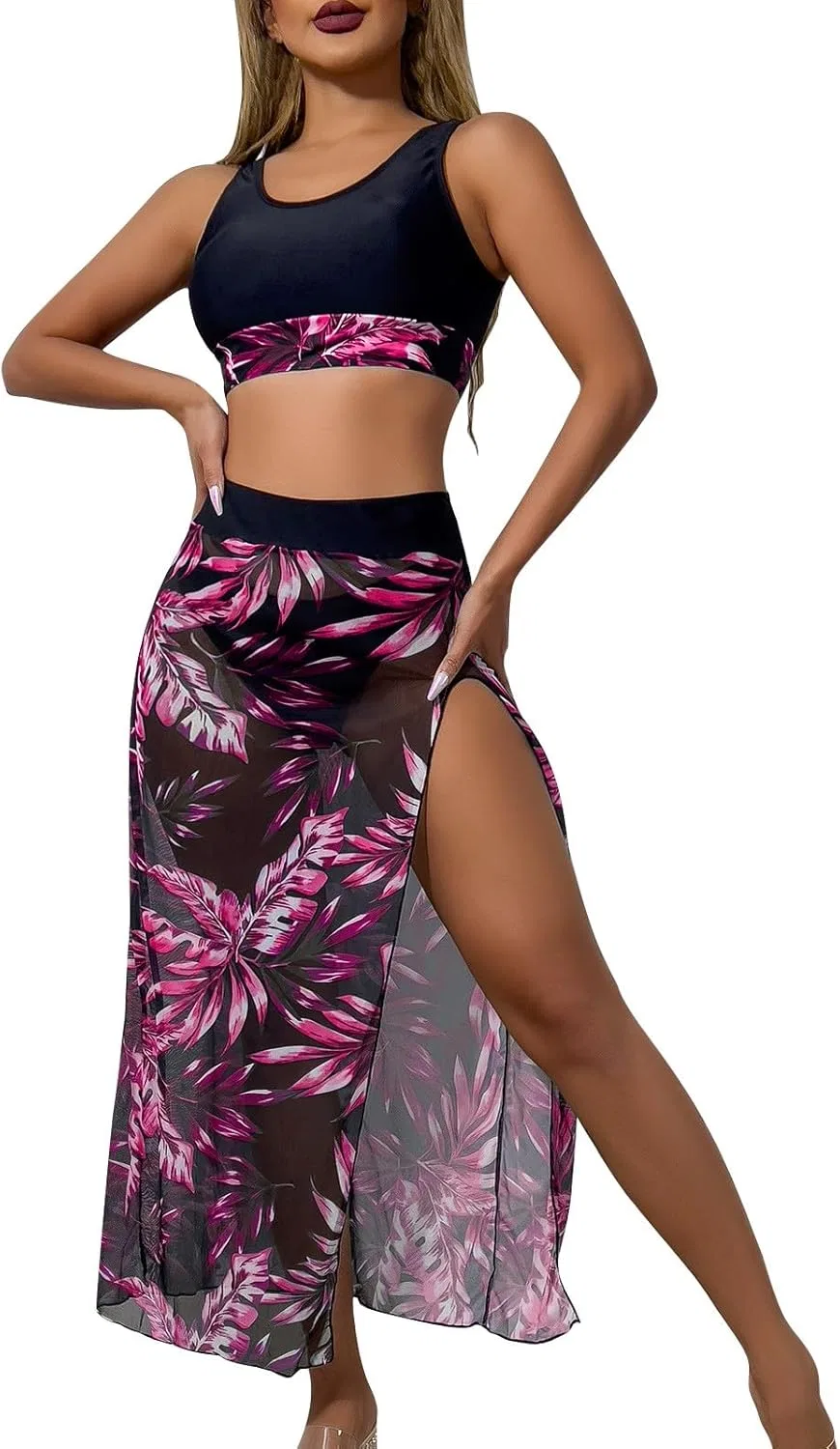 Женский купальный костюм с юбкой-накидкой Triangle Bikini Sets, Hot Pink