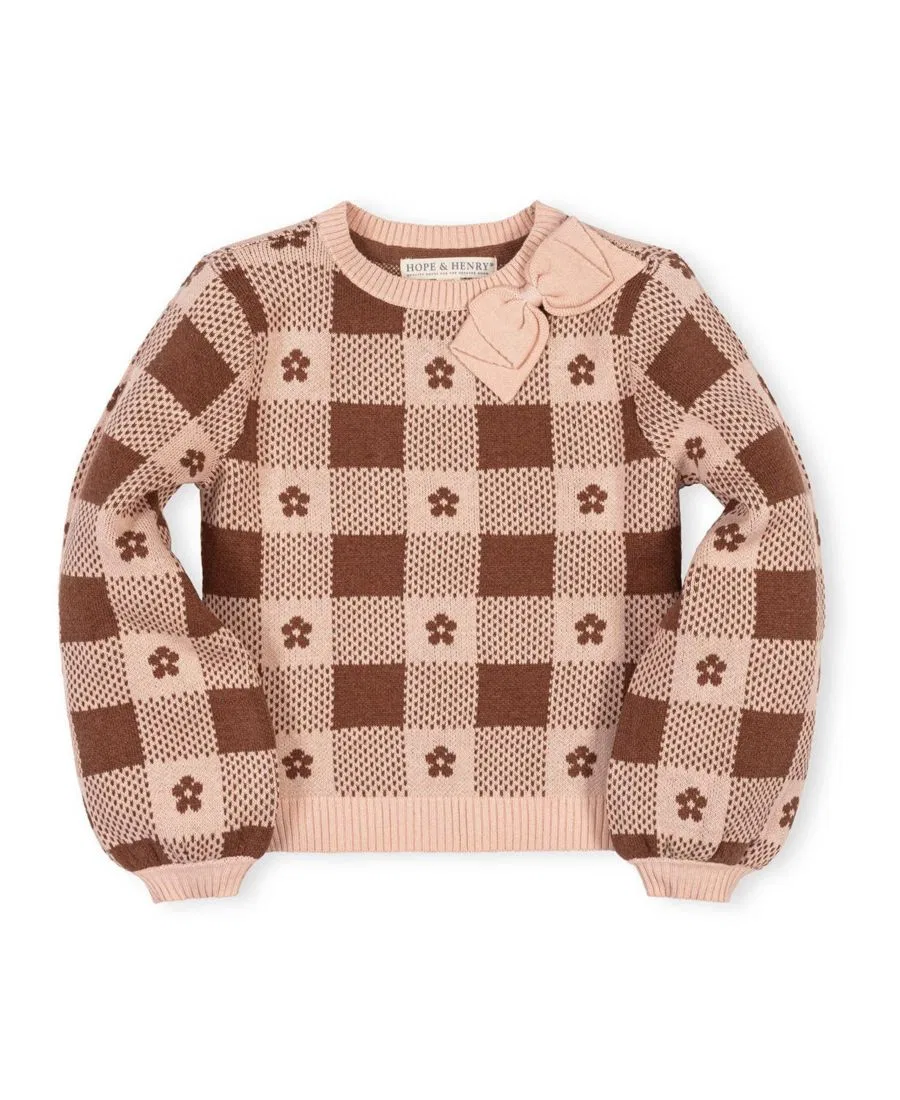Свитер из органического хлопка с бантом и интарсией, модель Bow Detail Intarsia Hope & Henry, Cinnamon Heather Intarsia — фото 4