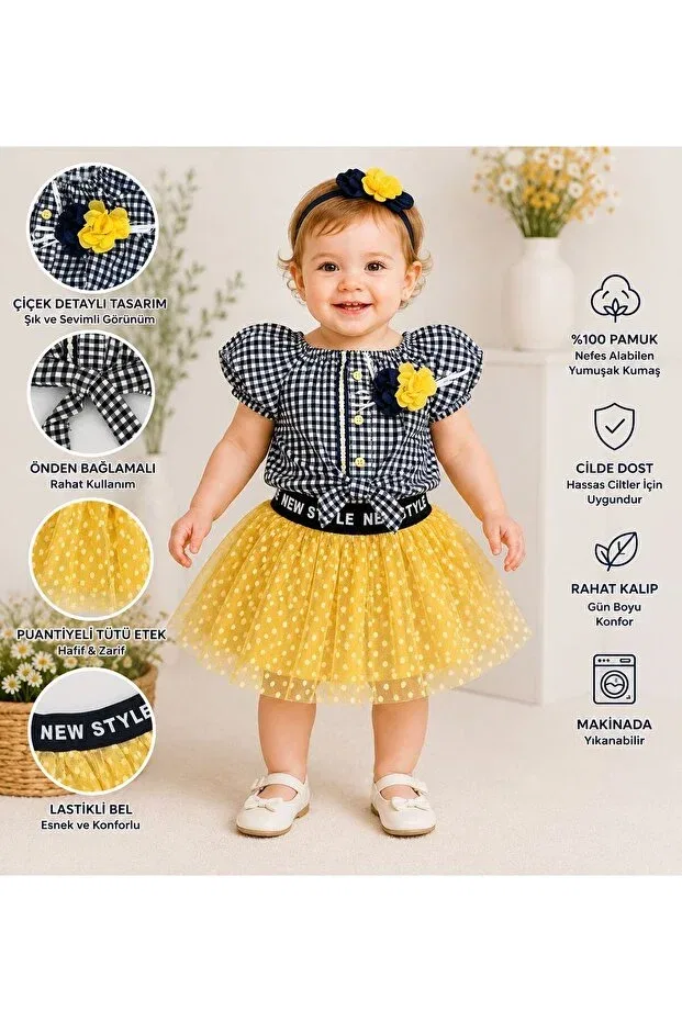 Детский комплект для девочек с оборками Mine Trend Pitikareli Tutu Skirt And Floral Accessories Necixs Bebee, Yellow