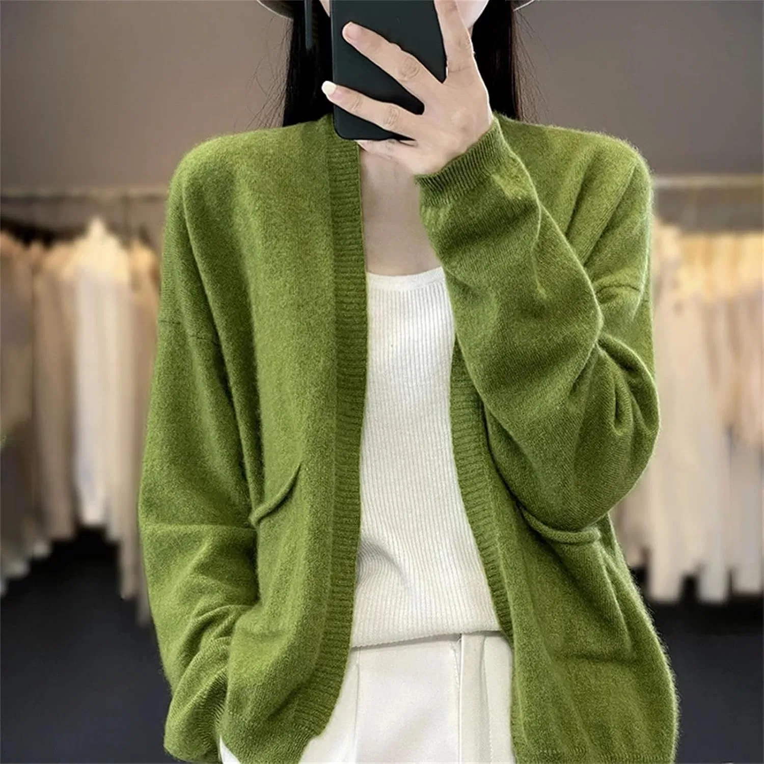 Женский кардиган с V-образным вырезом, свободный, Wool Blend, золотистый/кэмел — фото 3