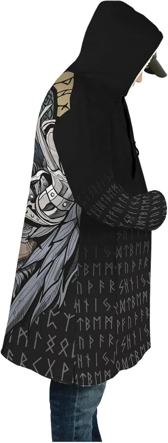 Мужское пальто с капюшоном с 3D-принтом Viking Mythology, Mid-Length Outerwear Casual Jacket, Odin Helm of Awe — фото 2