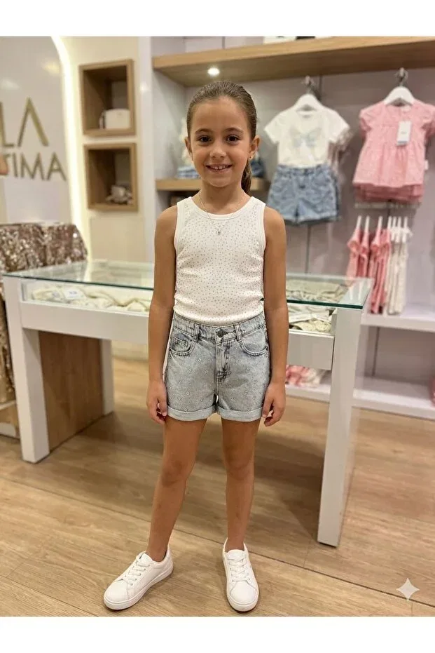 Детские джинсовые шорты для девочек с принтом Kiz stone-embellished denim shorts 26ydmb0444 Dmb Boys & Girls, Blue — фото 3