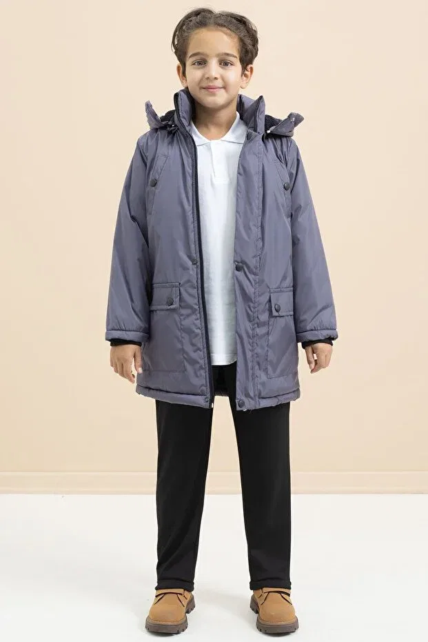 Детское пальто для девочек длинное утепленное с капюшоном Cansın Mini, Smoke Grey