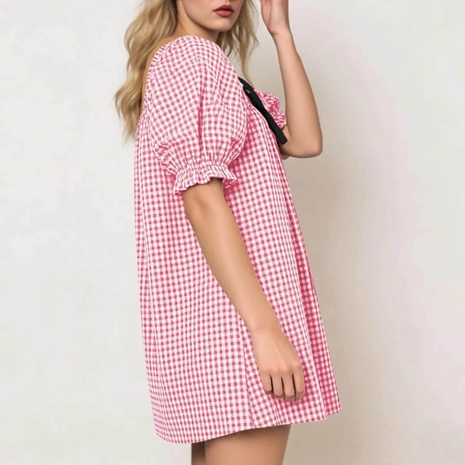 Женское мини-платье babydoll в клетку с пышными рукавами, Pink — фото 2