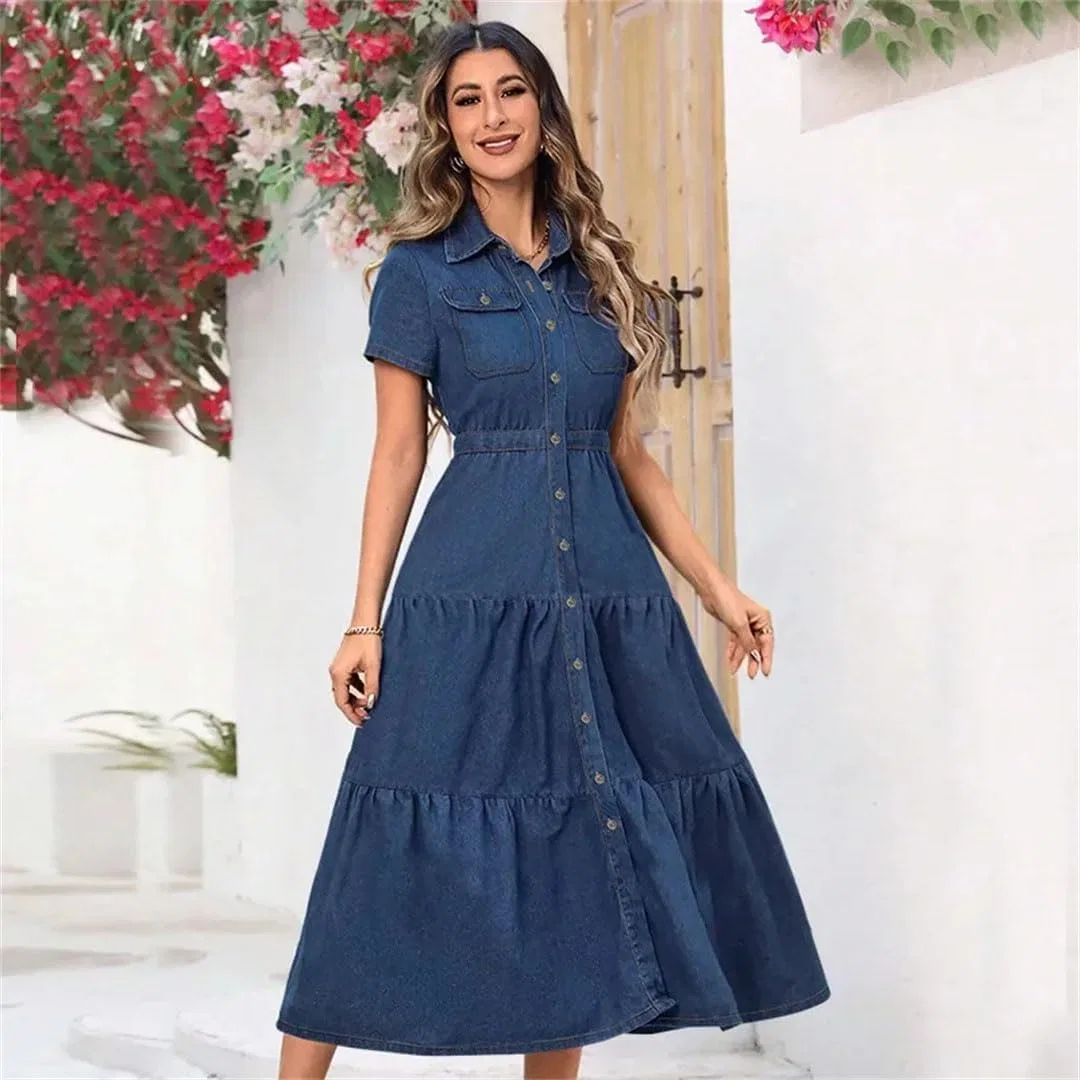 Женское джинсовое платье A-силуэта с отложным воротником Generic, Dark Blue — фото 3