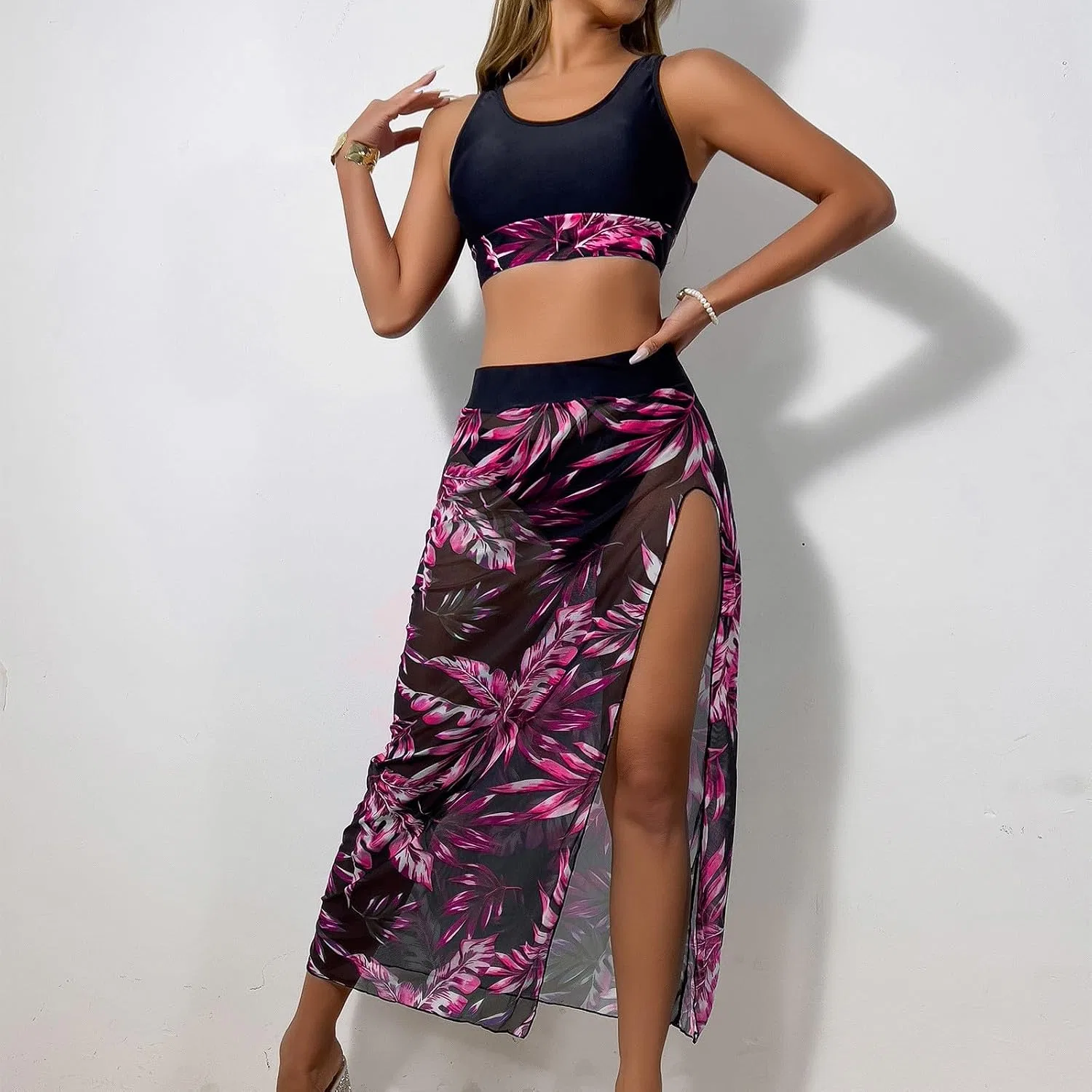 Женский купальный костюм с юбкой-накидкой Triangle Bikini Sets, Hot Pink — фото 2
