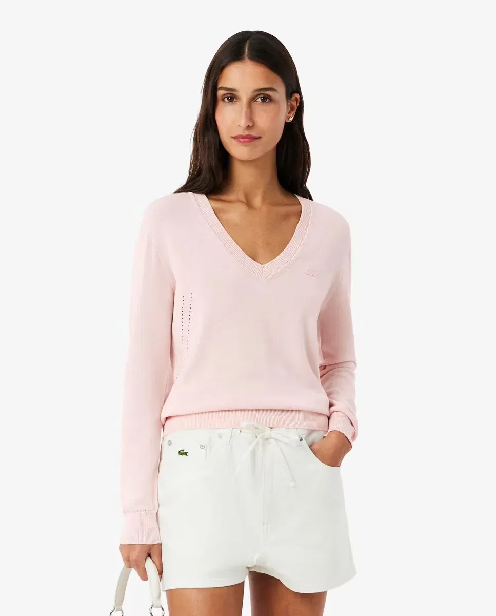 Джемпер Lacoste Rosa с V-образным вырезом и рифленой вязкой