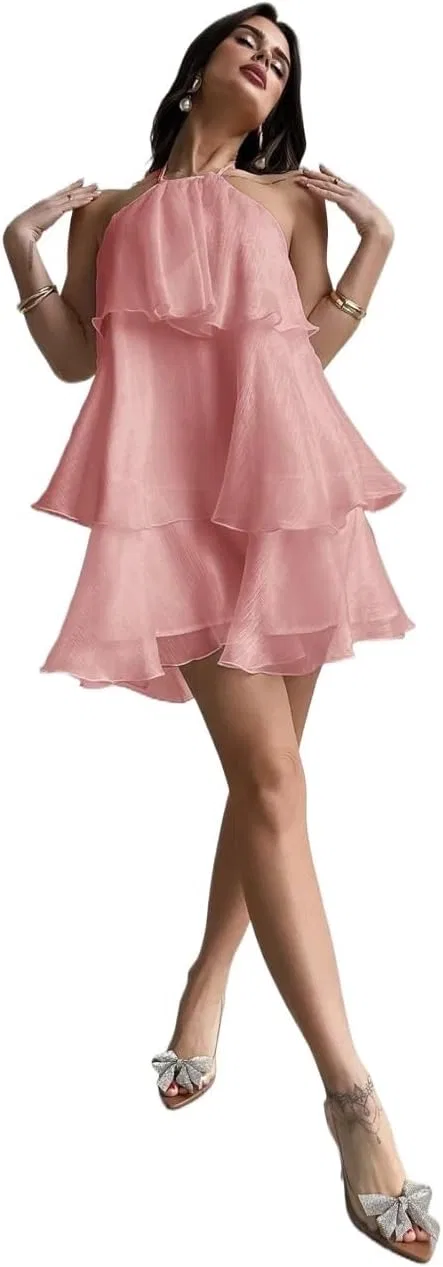 Женское элегантное мини-платье с открытой спиной и оборками, Pink — фото 2
