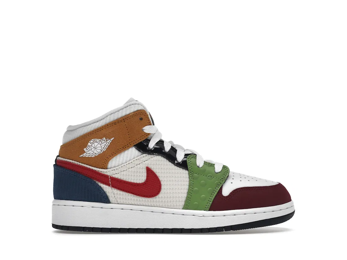 Детские кроссовки с принтом Jordan 1 Mid SE Messy Room, White/Gym Red/Black/Pearl White