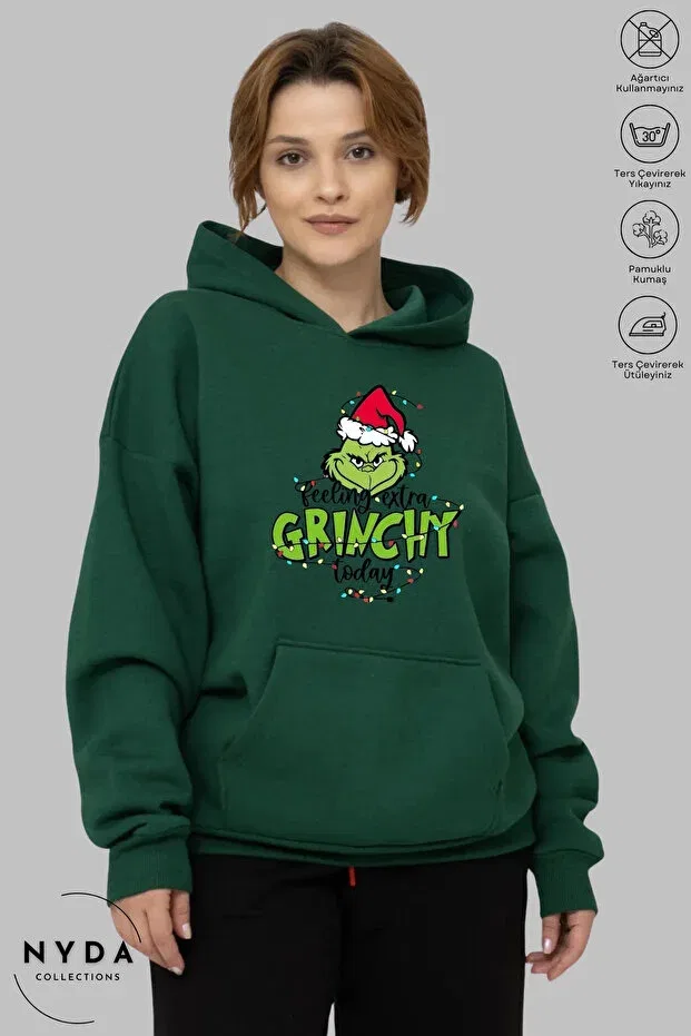Детское худи оверсайз с принтом Feel Grinch Christmas Nyda Collections, Green — фото 2