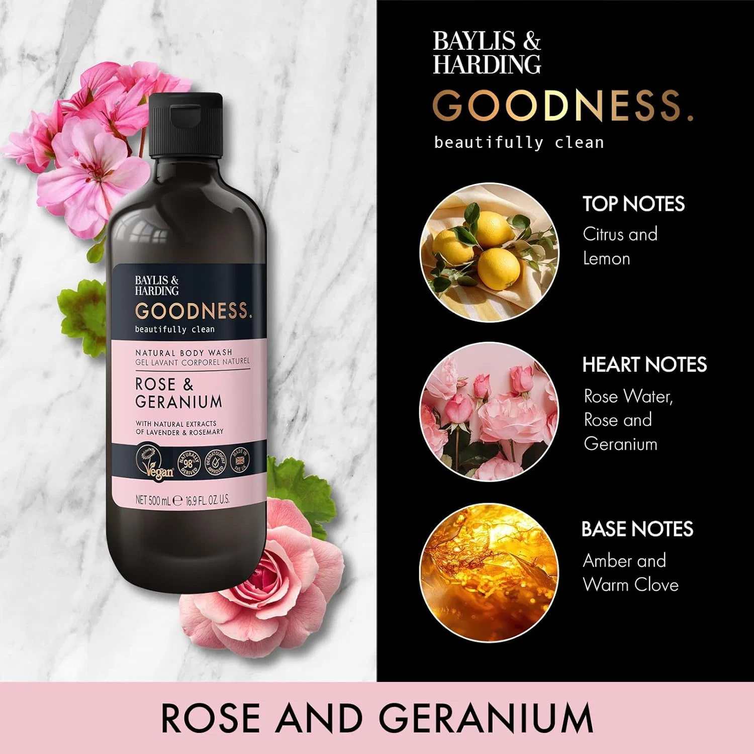 Гель для душа Baylis & Harding Goodness Rose & Geranium, 500 мл, 3 шт, Clear Gel — фото 3