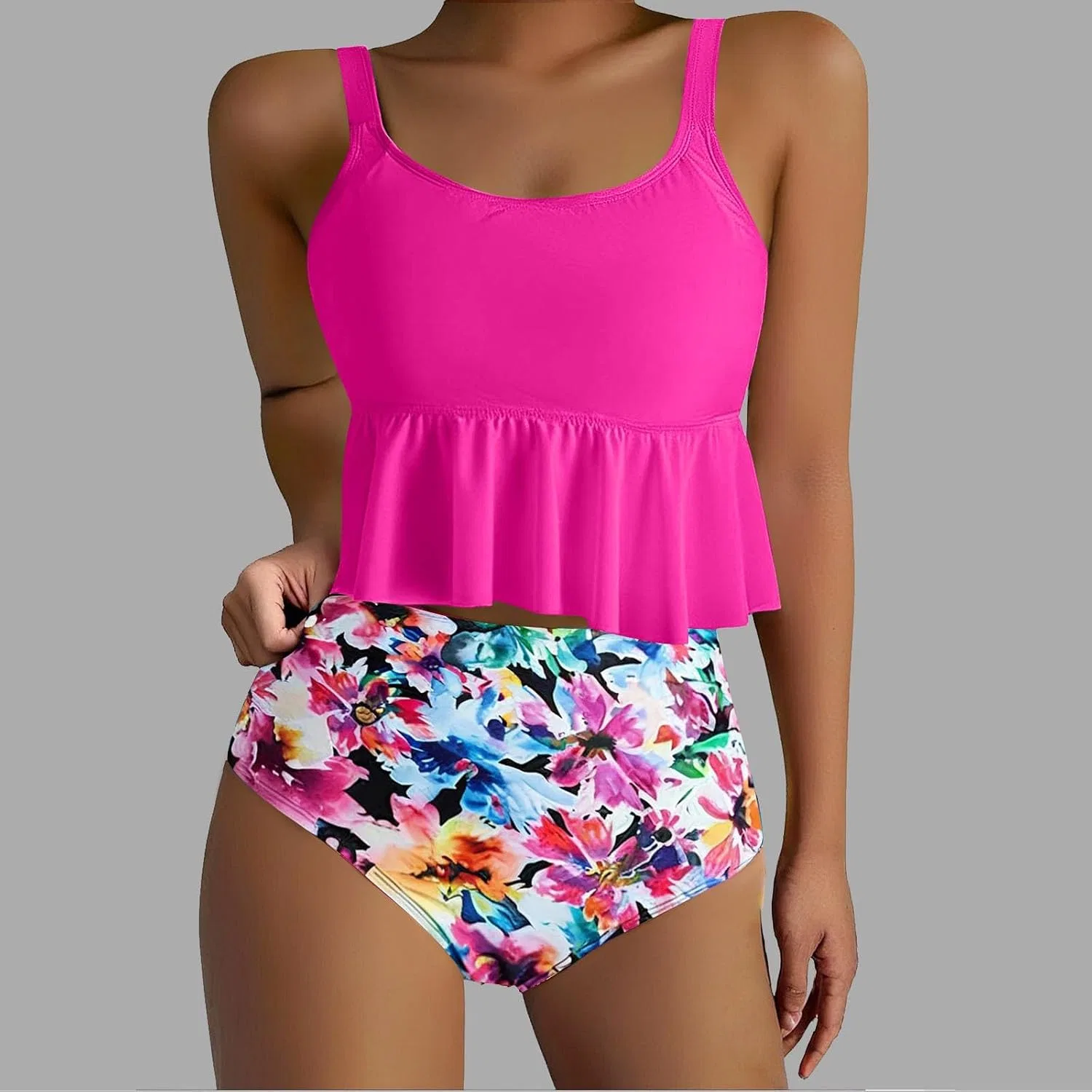 Женский танкини с воланами на топе, tummy control, Pink — фото 2