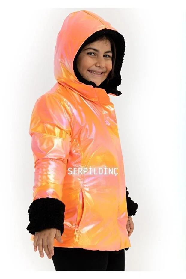 Детское пальто для девочек двустороннее с голограммой Серпилдынч, Neon Orange Serpildinc — фото 2