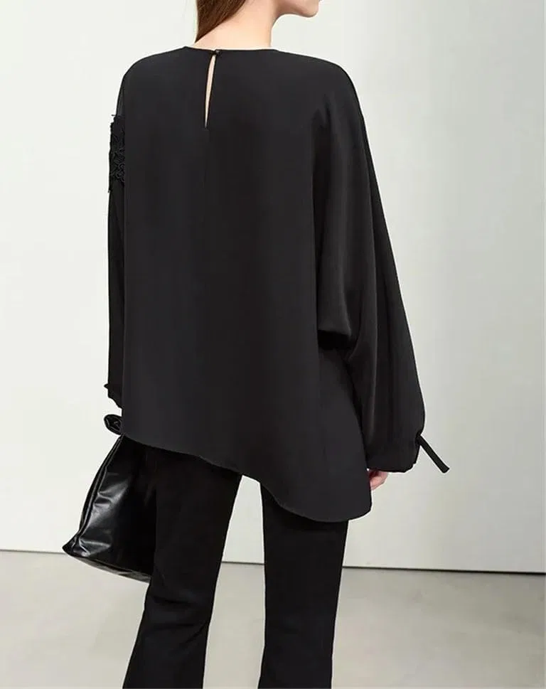 Женская блуза с кружевными вставками офисная шифоновая, Black — фото 4