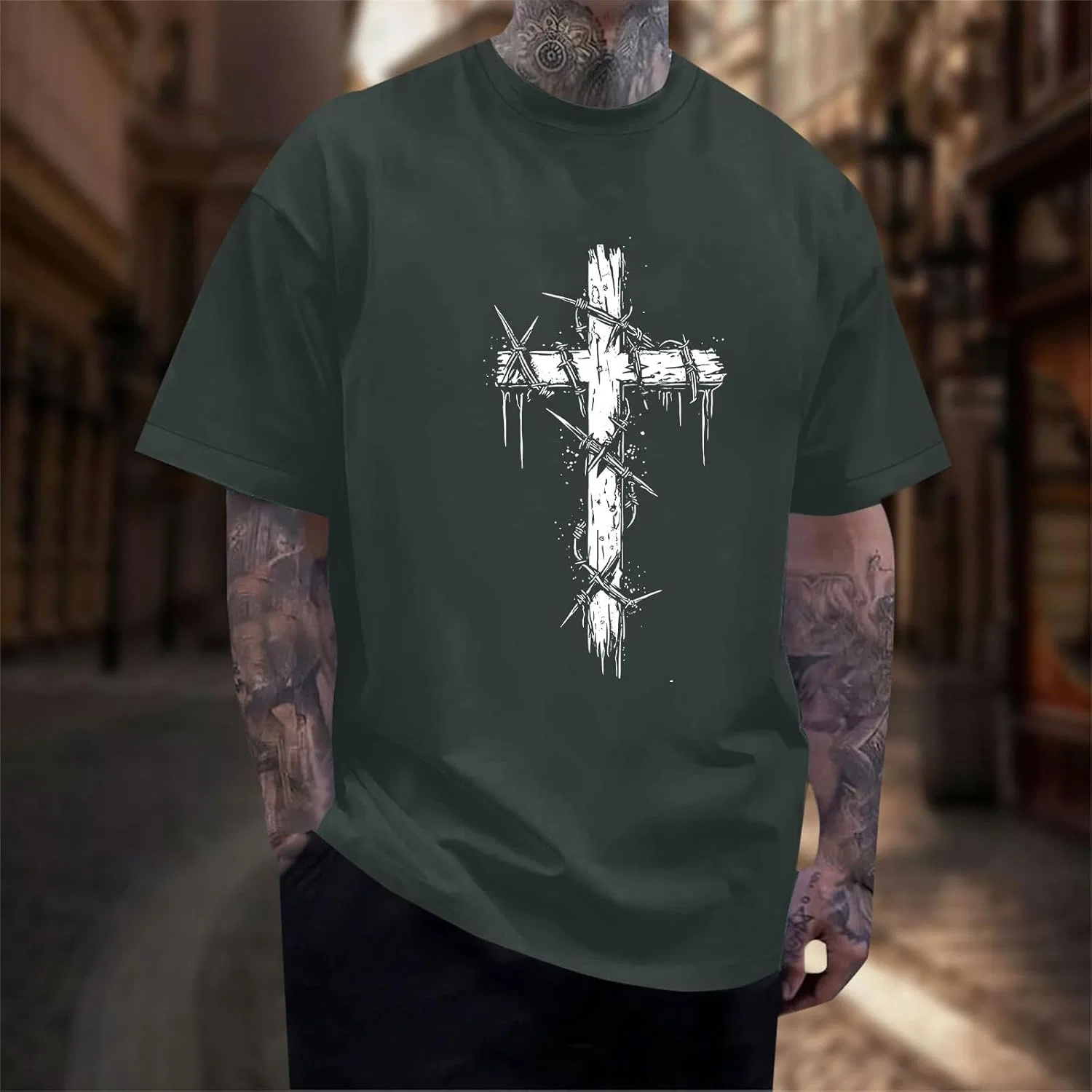 Мужская футболка с принтом креста Vintage Faith, Dark Gray — фото 2