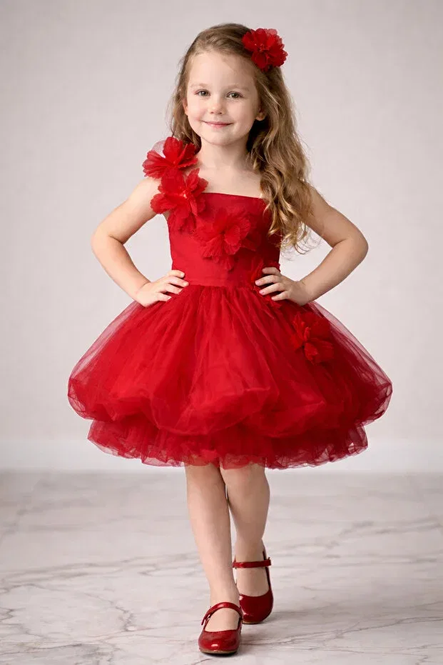Детское платье для девочек с принтом Floral Tulle Balloon Dress Modabesta, Red — фото 3