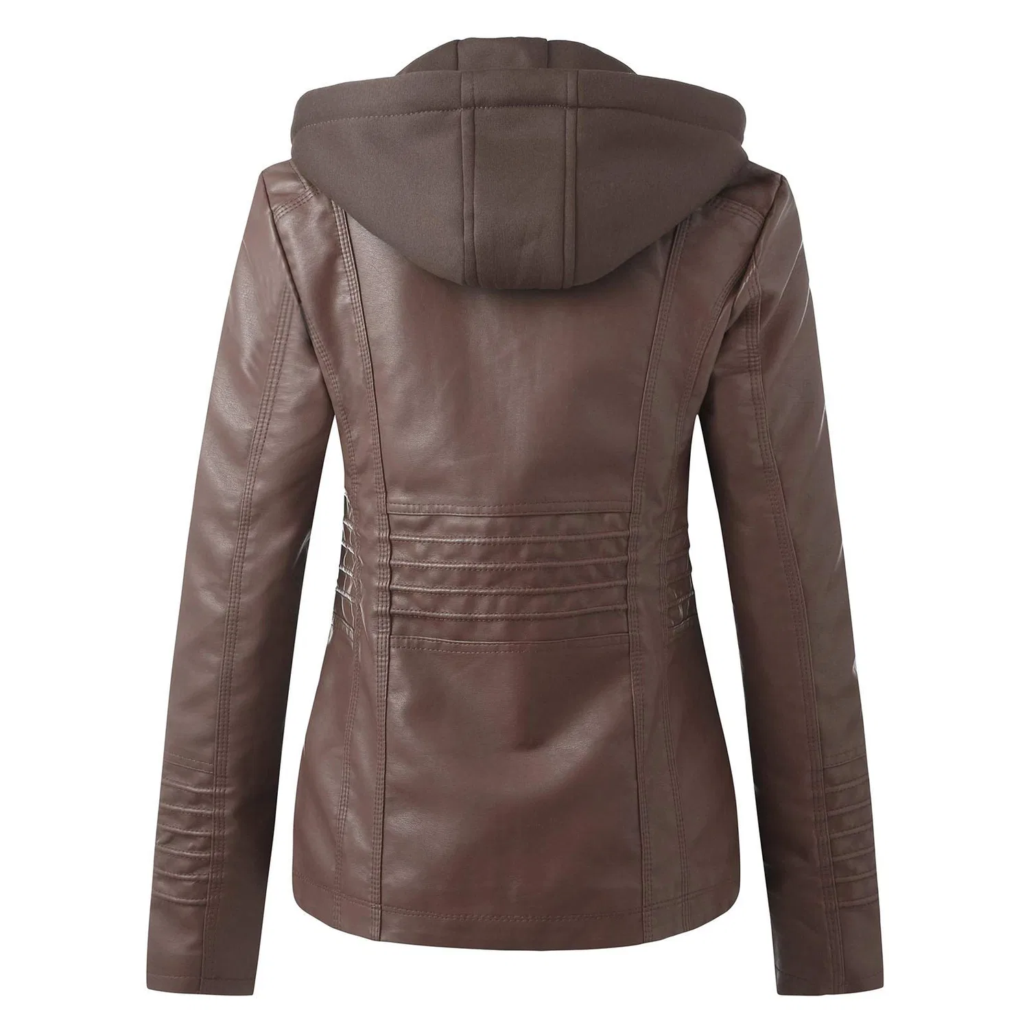 Женская куртка из эко-кожи с капюшоном, длинным рукавом, slim fit, 22 — фото 4