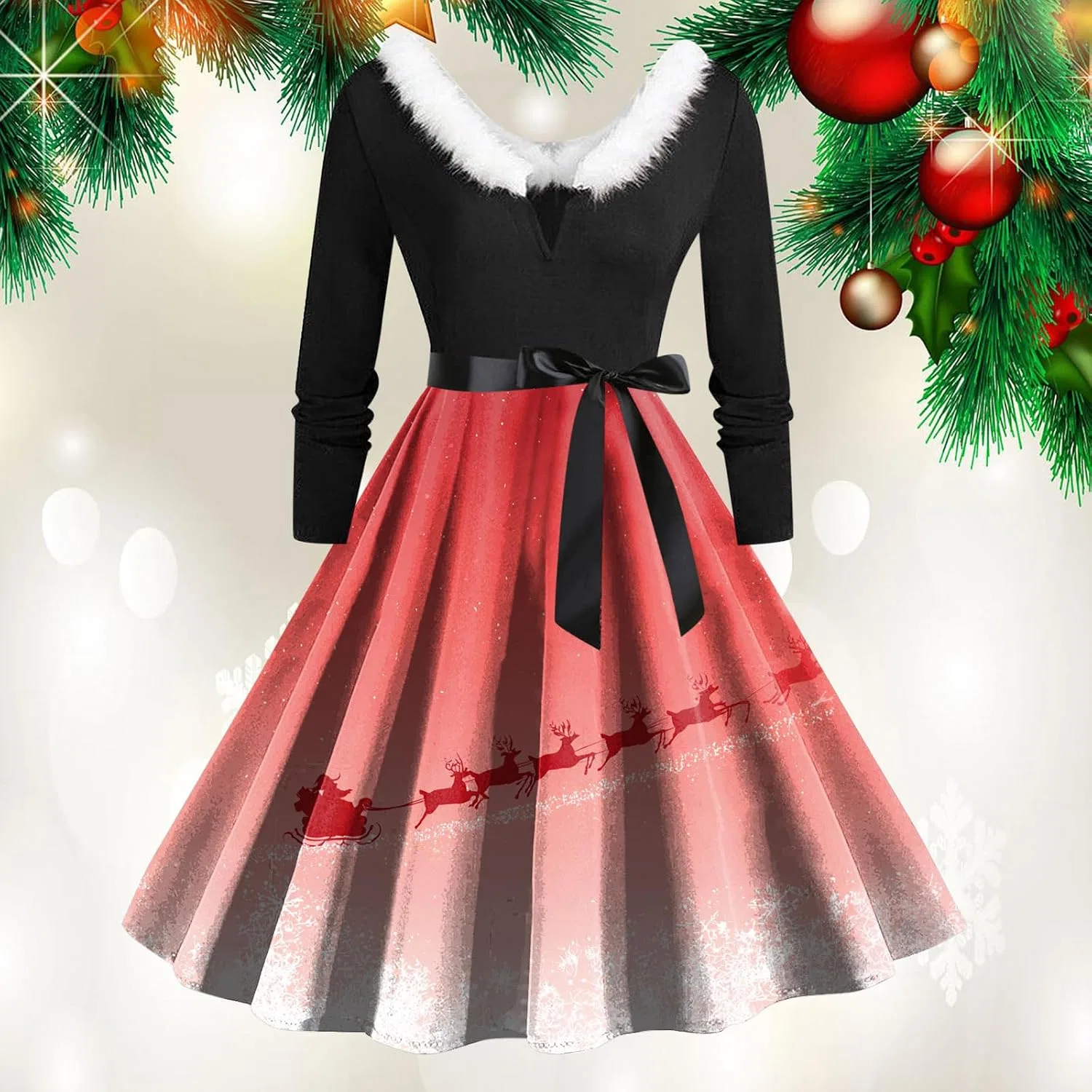 Женское платье-трапеция с длинным рукавом, Christmas Dresses for Women, розовый — фото 2