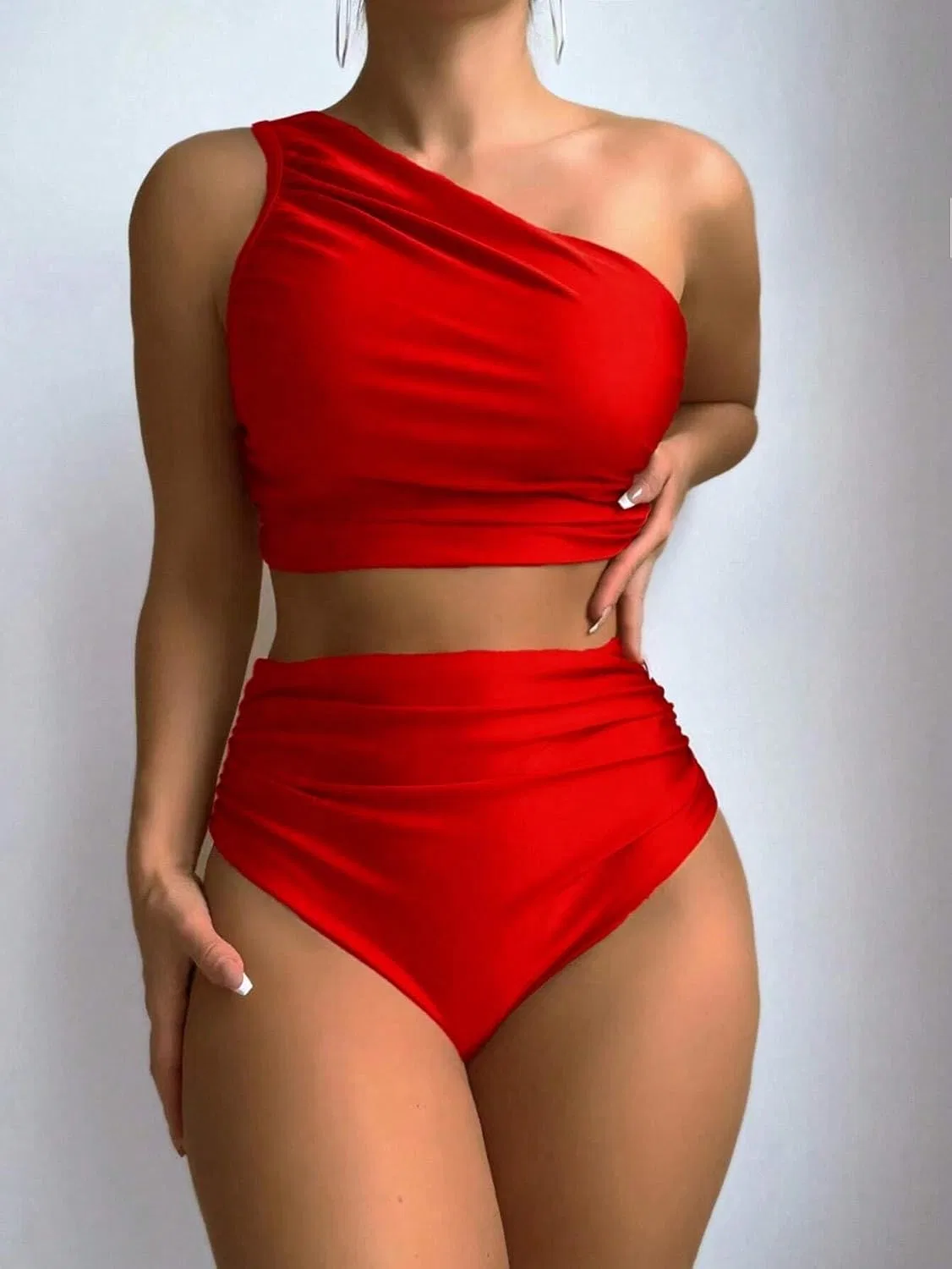 Женский бикини-сет с завышенной талией и асимметричным вырезом, Red — фото 2