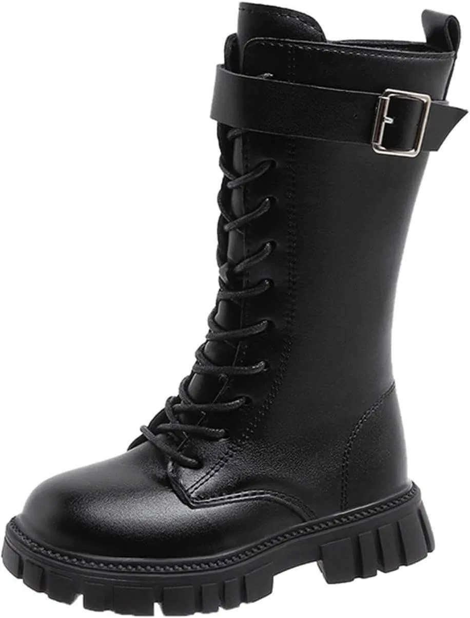 Детские ботинки для девочек на шнуровке с принтом Y2k Punk Gothic Riding Booties Side Zipper Mid Calf Streetwear Shoes 4-12Y, Black