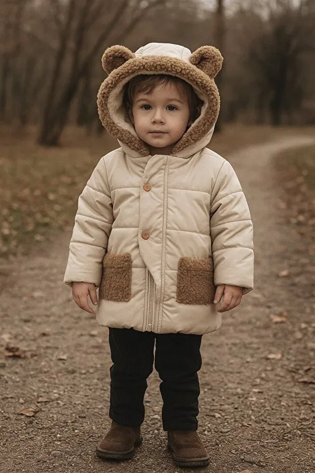 Детское зимнее пальто для девочек текстурированное Çocuks, Beige — фото 3