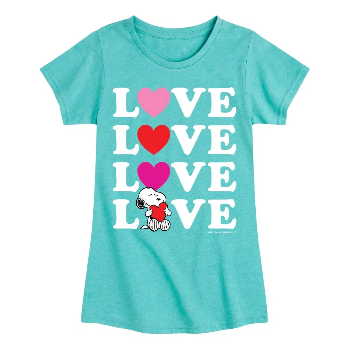 Детская футболка для девочек с принтом Snoopy Love Stacked Peanuts, Turquoise