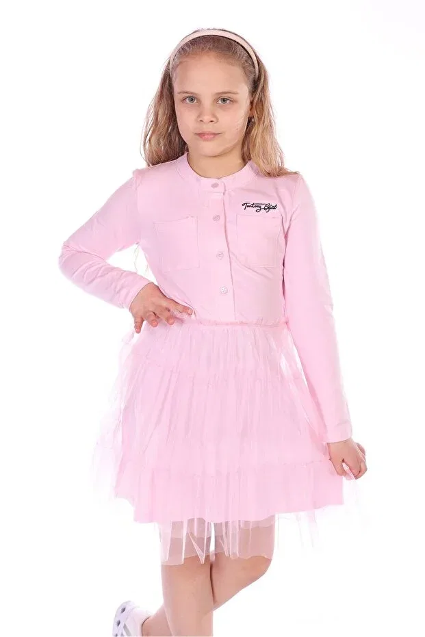 Детское платье для девочек с принтом Girls' Printed Relax Fit High Neck Buttoned Long Sleeve Tulle Dress Pocket Detail Toontoy, Pink