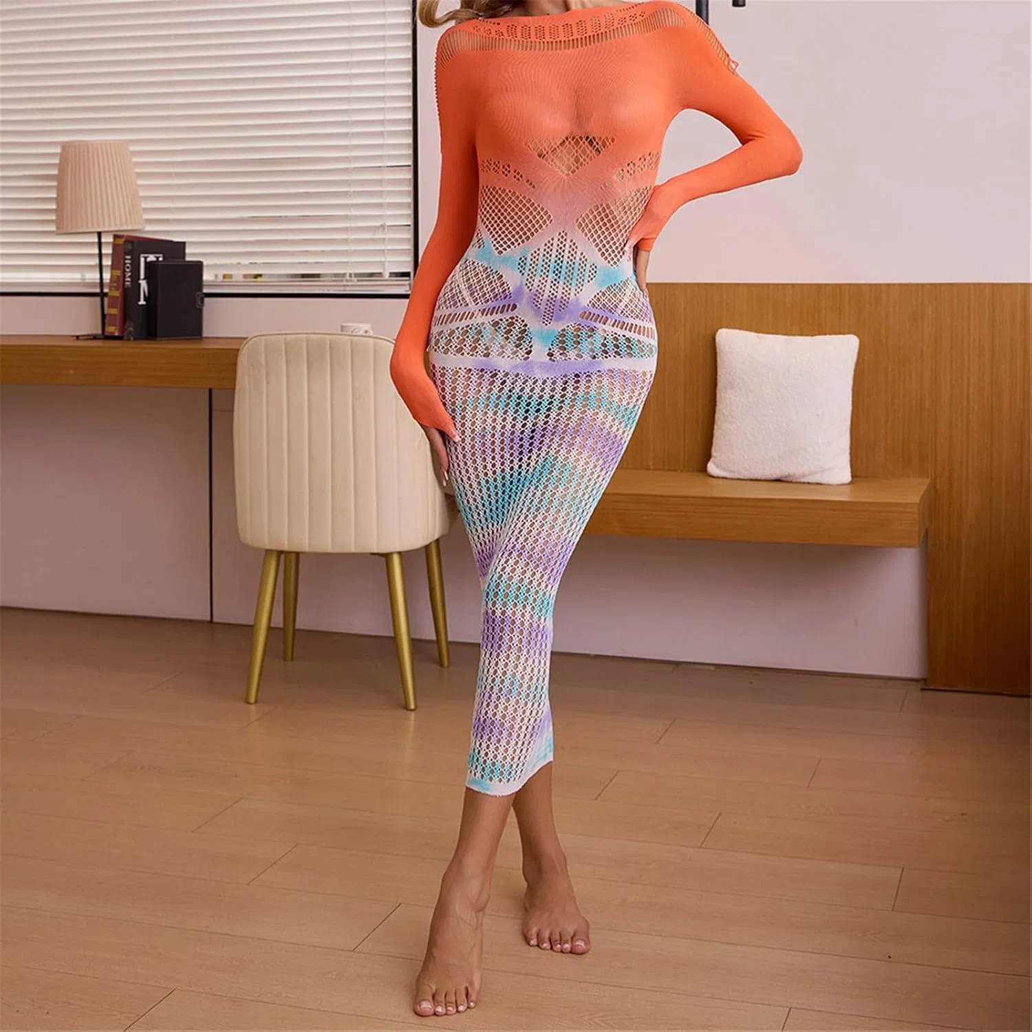 Женское мини-платье с градиентом Bodycon с вырезами, Yellow/Blue/Purple — фото 2
