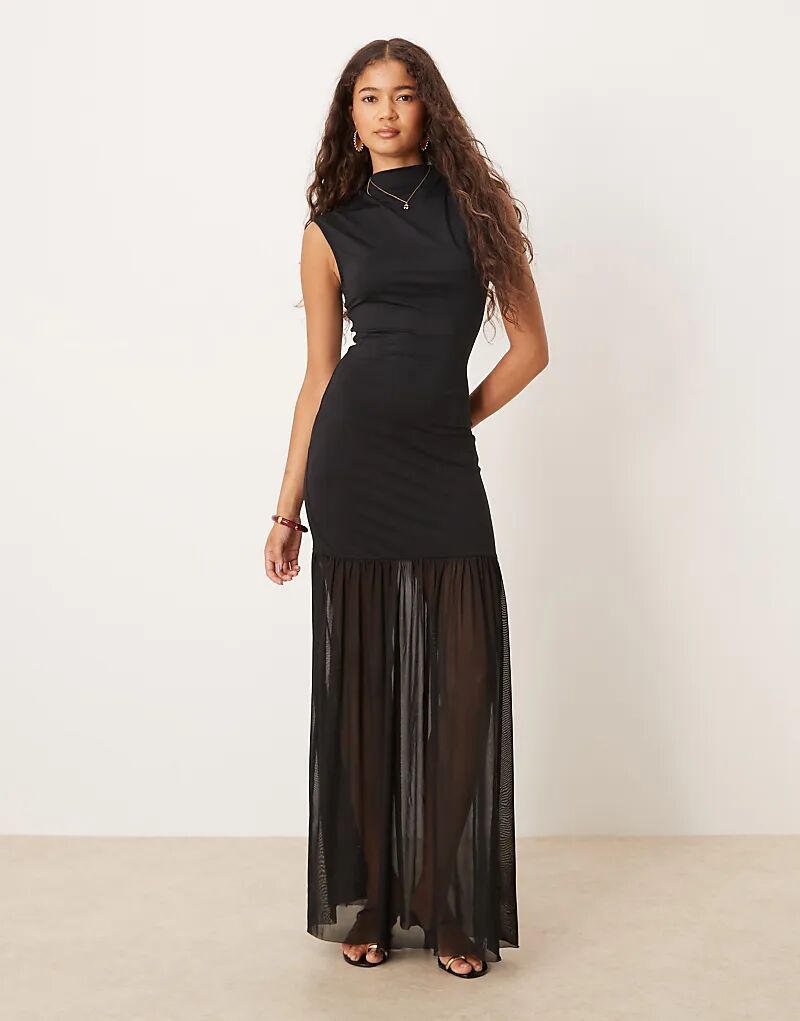 

Платье макси ASOS DESIGN с высоким воротом и сетчатой юбкой черного цвета