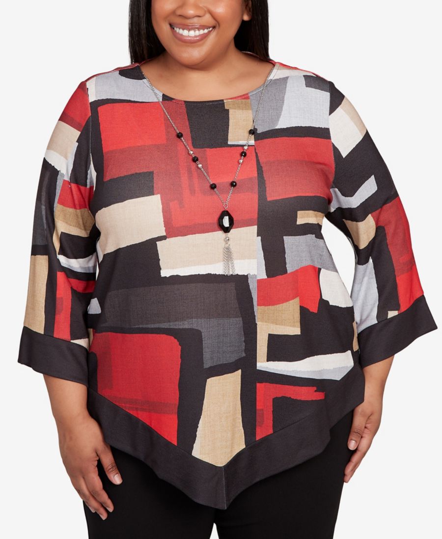 

Вязаный топ большого размера в стиле "Джетсеттер" с цветными блоками и ожерельем Alfred Dunner, Red Multi