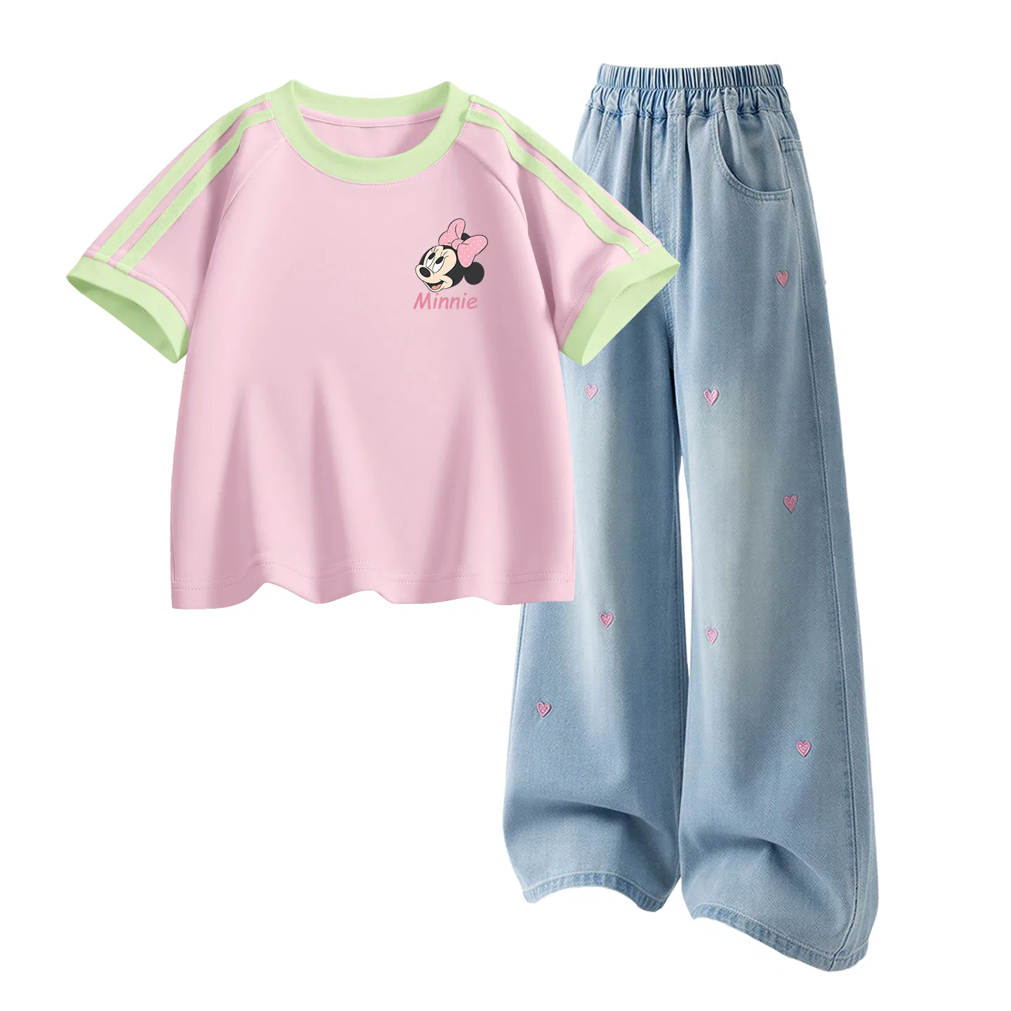 Детская повседневная спортивная футболка с круглым вырезом Disney, Dazzling Mousse Pink+Solid Color Denim Light Blue