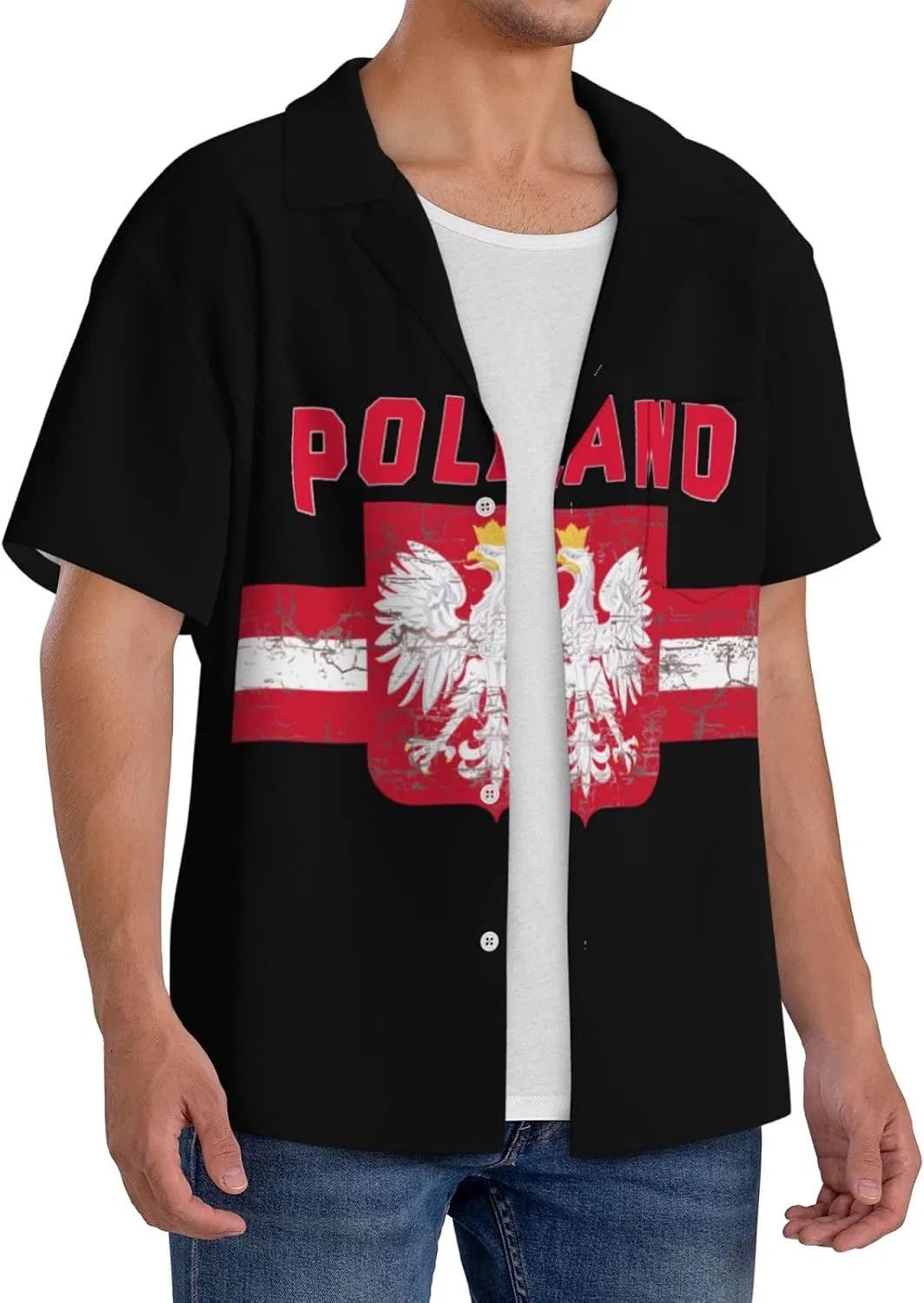 Мужская свободная рубашка с коротким рукавом и воротником-качели Eagle Poland, Black — фото 2