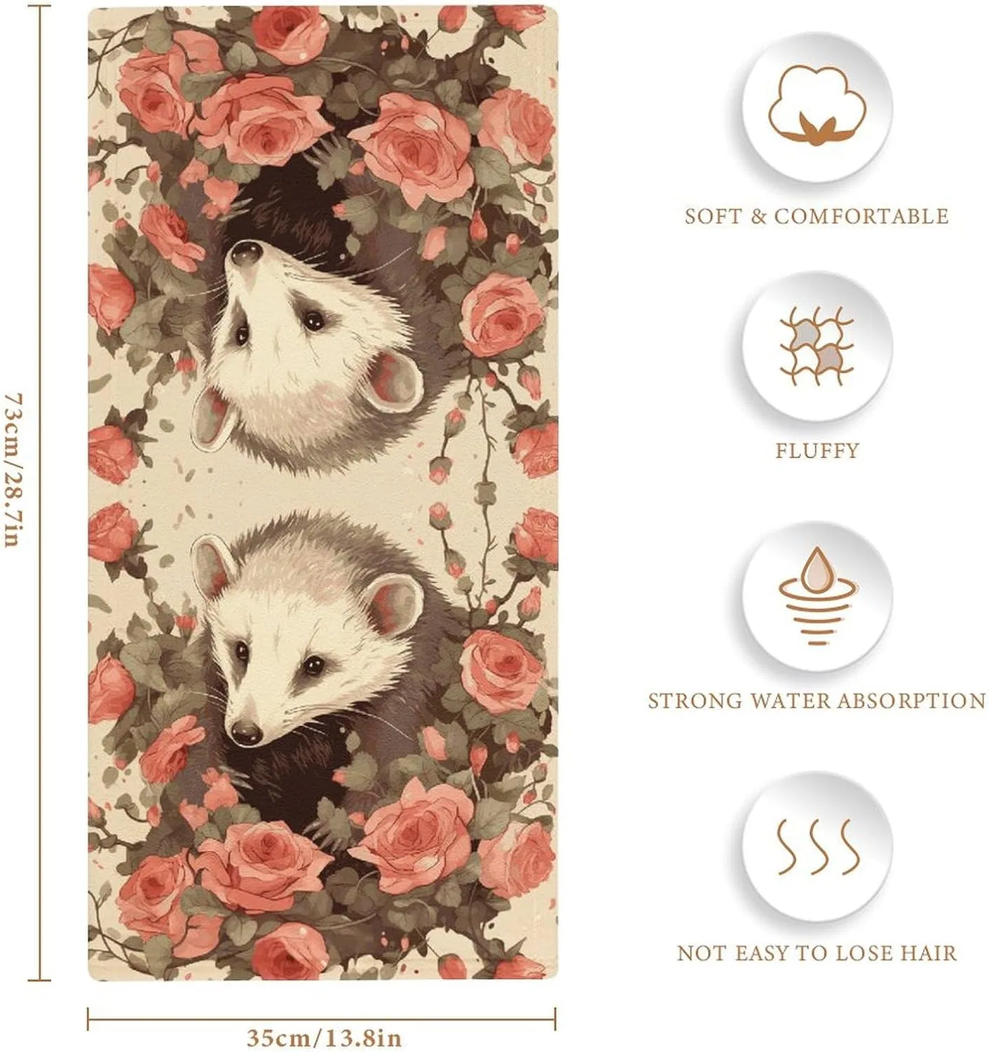 Махровая салфетка с принтом Opossum und Rosen, KLSVTMEA, 1 шт, 72.9x35.1 см — фото 2