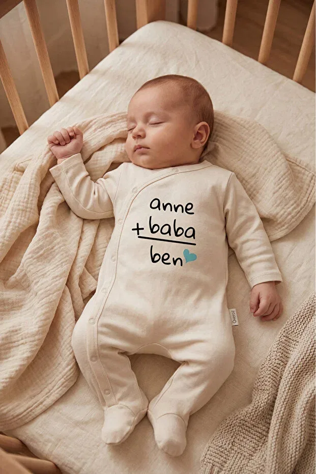 Детское боди-комбинезон с принтом Mom and Dad Printed Snap Fastener Ecru Bodysuit Romper 5591 Overoz, Sugar Bleach