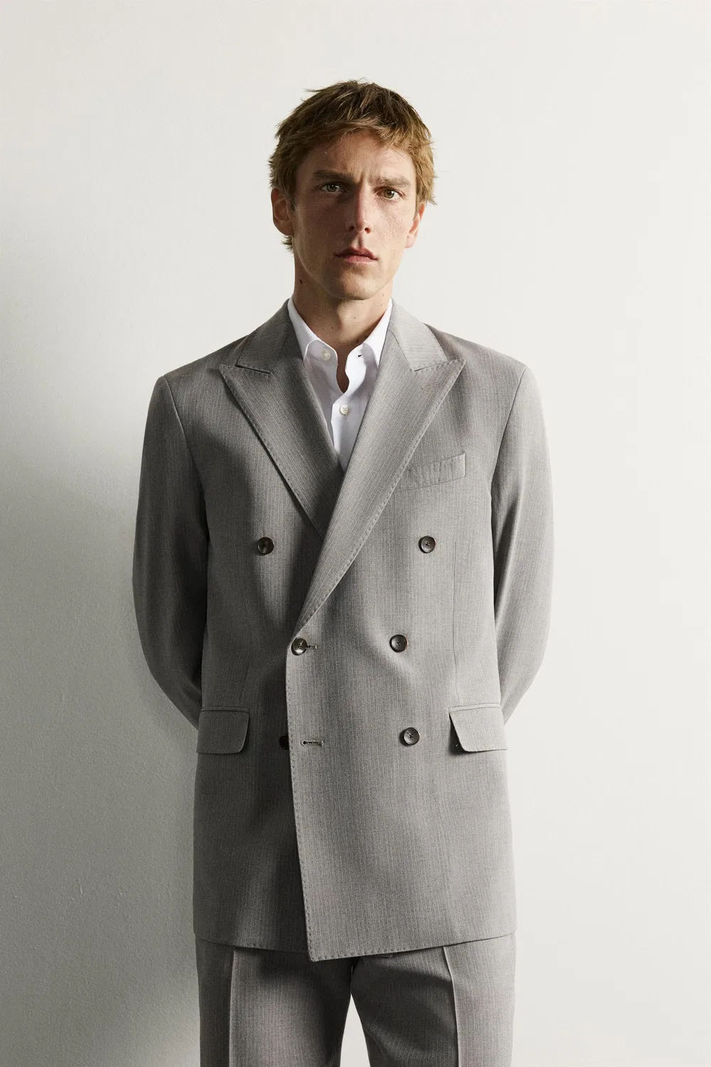 Блейзер из полосатого двубортного костюма ZARA, Grey marl — фото 2