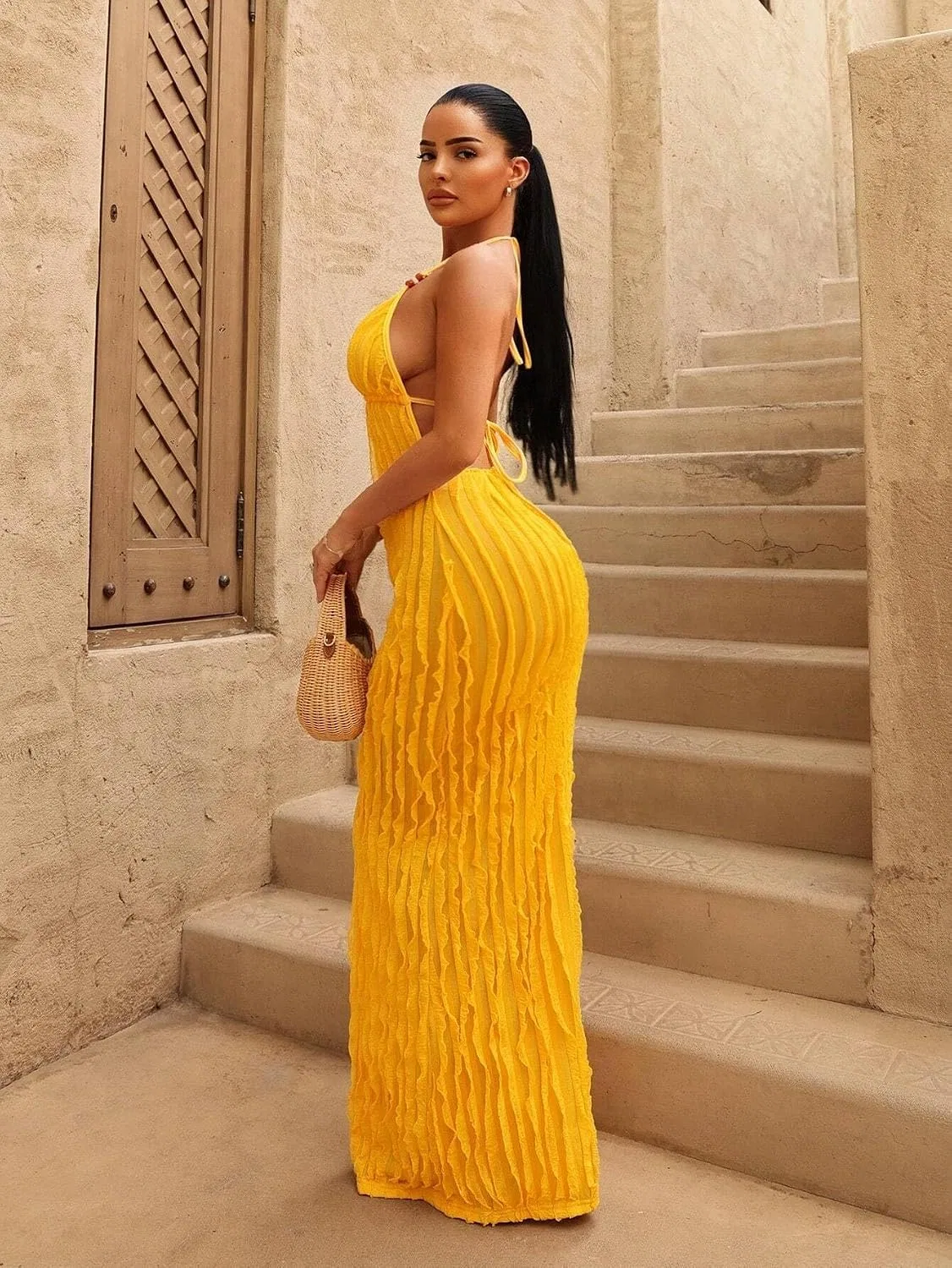 Женское длинное ками-платье на бретелях с вырезами Beach Vacation, Yellow — фото 3