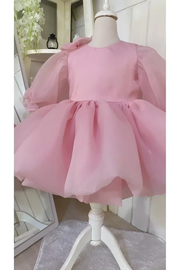 Детское платье для девочек с коротким рукавом Girl'S Fluffy Balloon Sleeve Evening Dress Hobi, Pink — фото 2