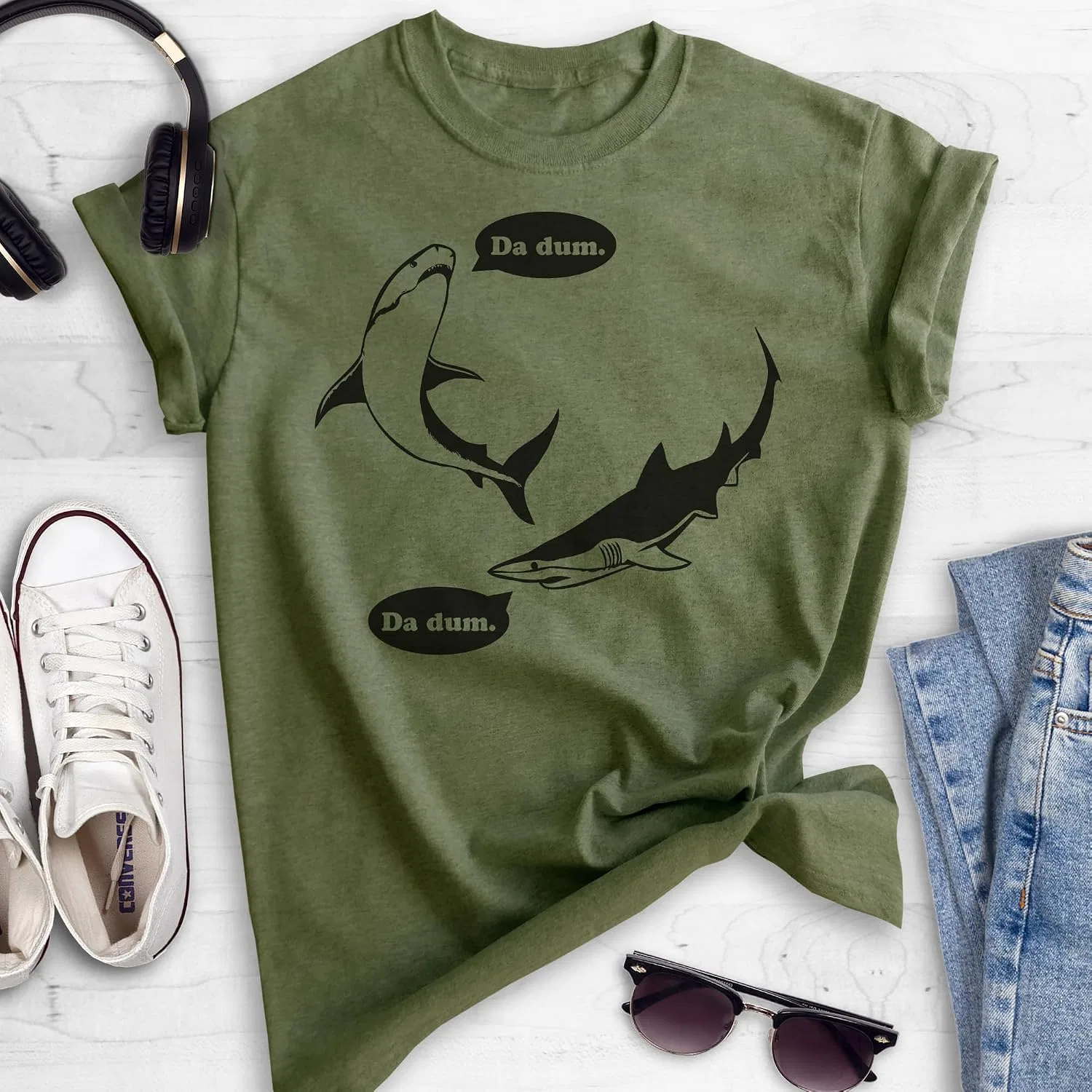 Женская футболка с принтом Da Dum Shark, Heather Military Green — фото 2