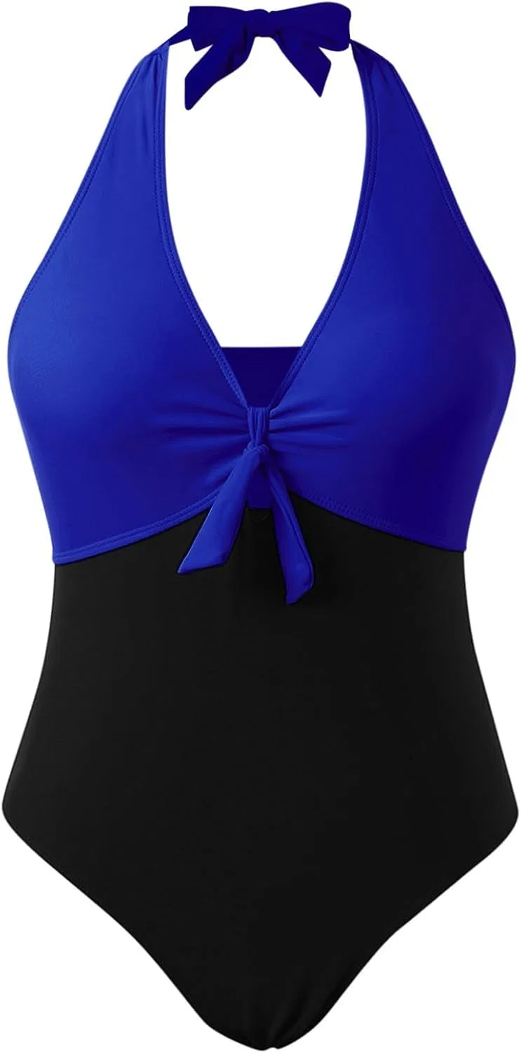 Женский слитный купальник с узлом спереди V-образным вырезом Generic, Blue — фото 4