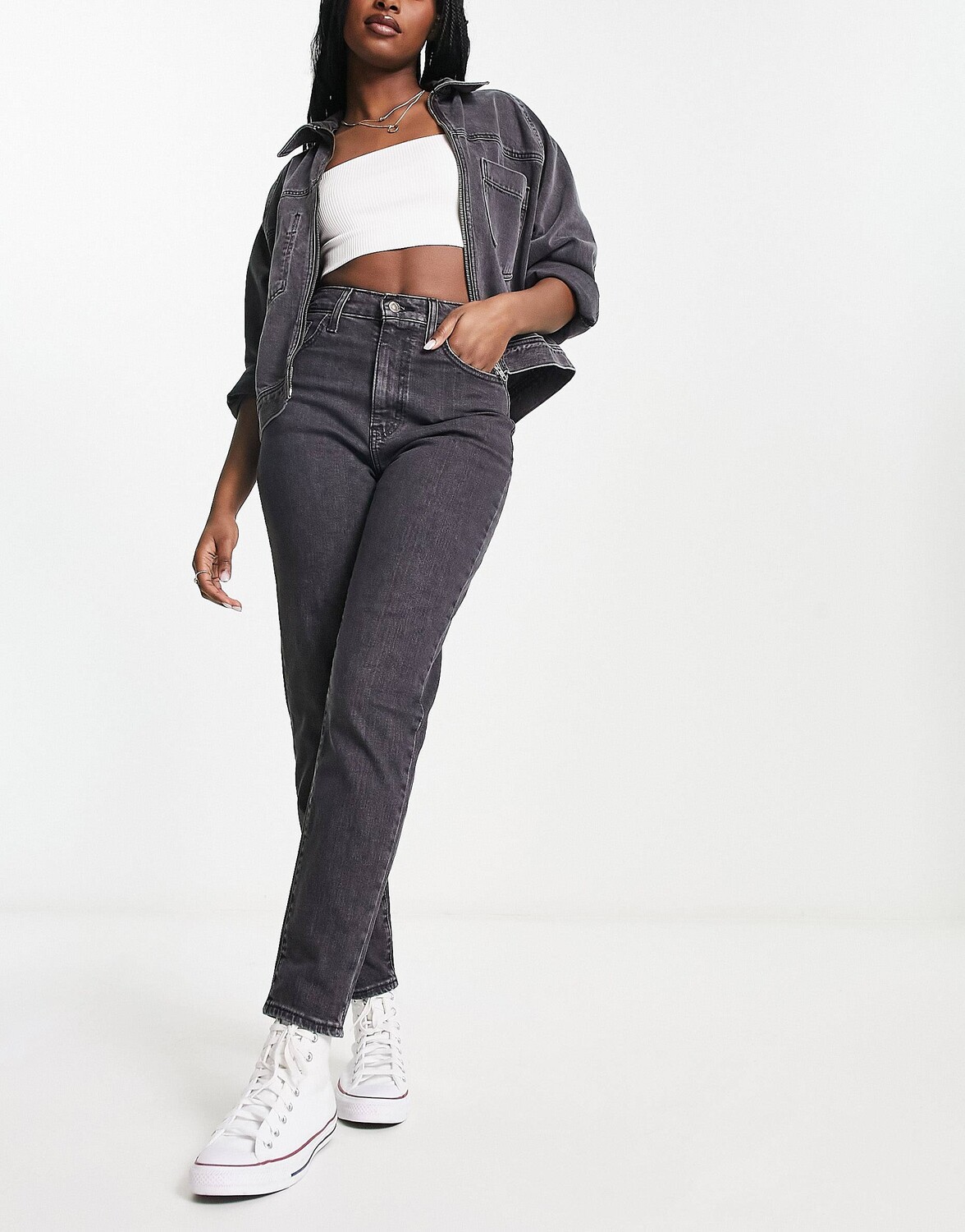 

Черные выстиранные джинсы мамочки Levi's с высокой талией