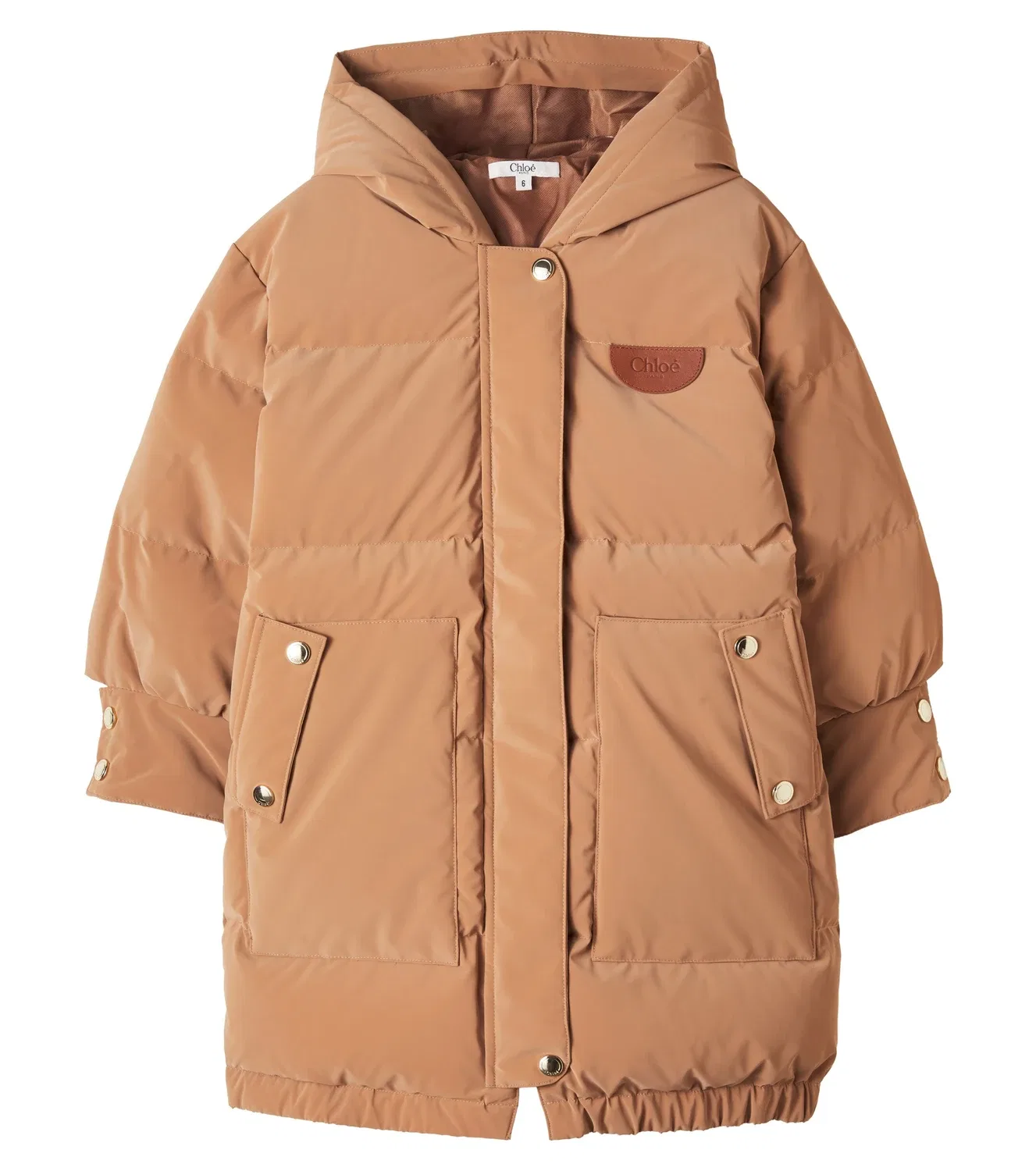Пуховик с капюшоном и логотипом Chloé Kids, коричневый