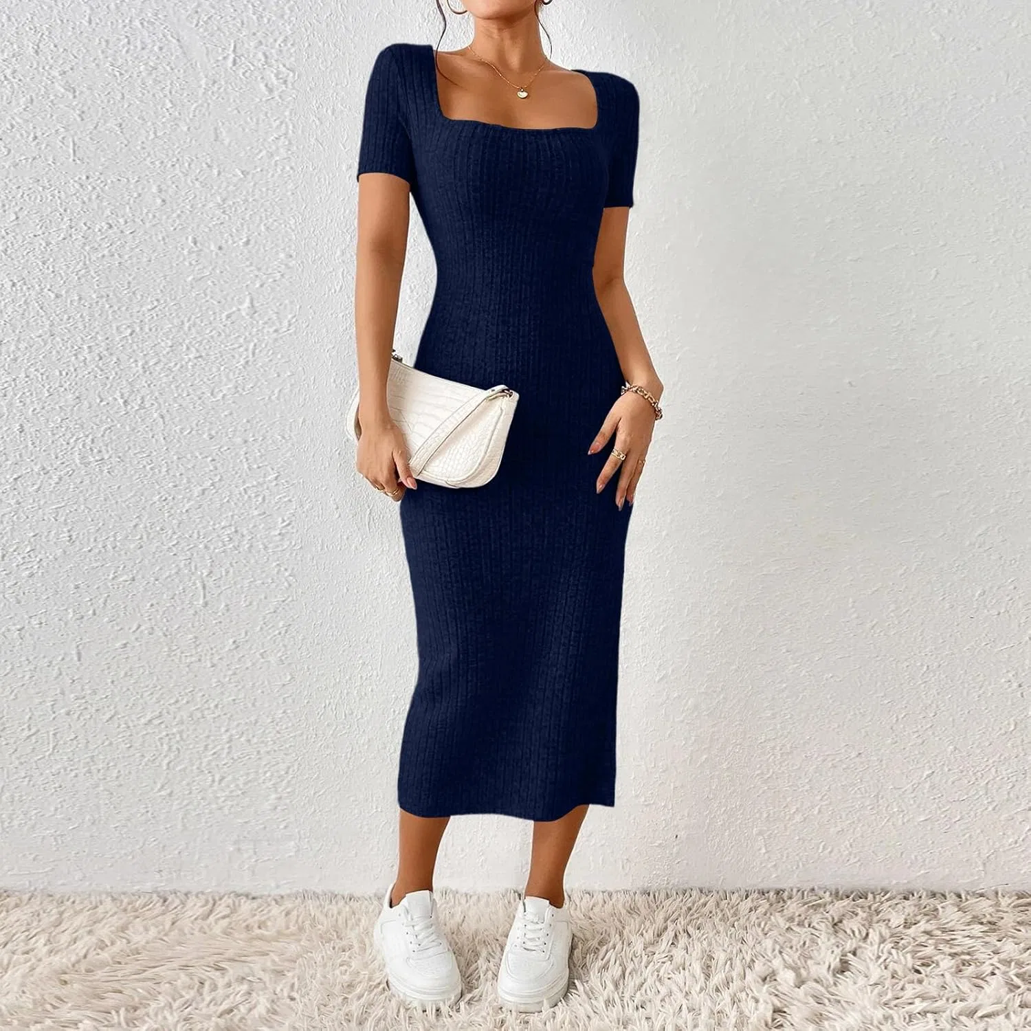Женское облегающее платье миди с ребристой вязкой, Royal Blue — фото 3