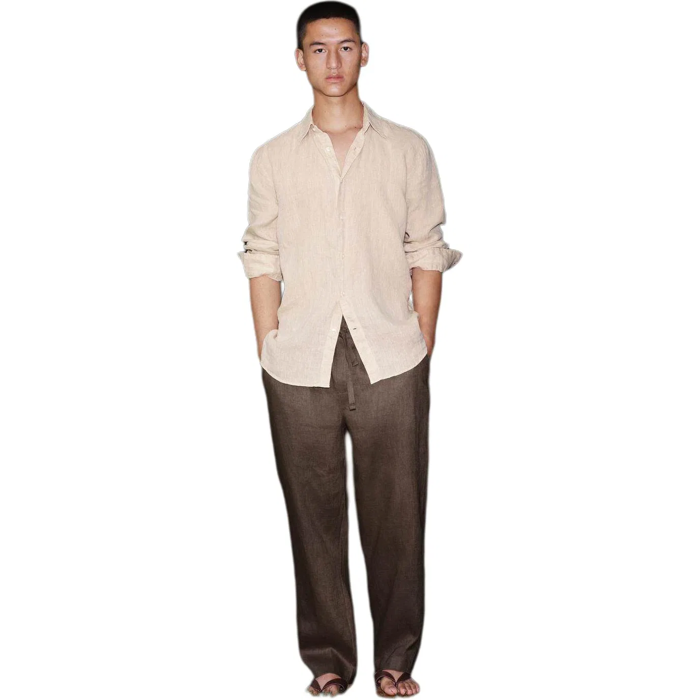 Мужская рубашка с отложным воротником прямого кроя Beige ZARA, Beige — фото 4