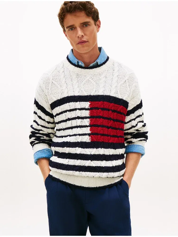 Свитер с кабельным узором, Flag Cable Crewneck TOMMY HILFIGER, White